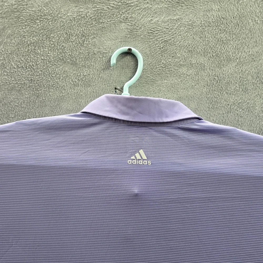 Adidas Men Polo 2XL Purple Golf Striped Button Logo Short Sleeve‎